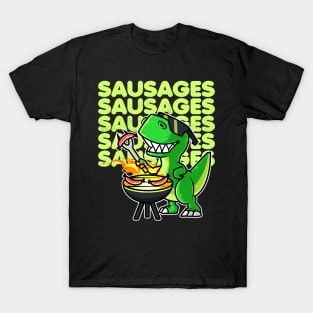 Cool Dinosaur Tyrannosaurus Cooking Sausages Barbecue BBQ design T-Shirt